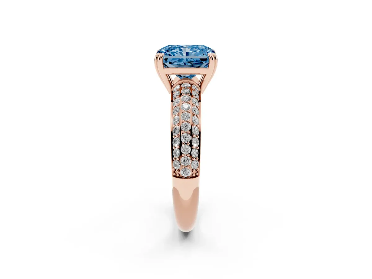 Fancy Blue Radiant Cut Diamond Solitaire Ring with Multi-Row Round Pavé Band and Prong Setting Rose gold