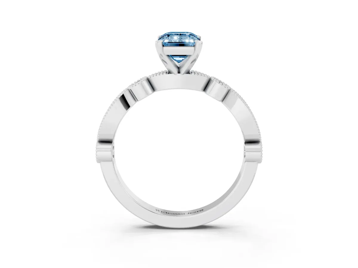Fancy Blue Emerald Cut Milgrain Bezel Diamond Engagement Ring with Solitaire Prong Setting White gold