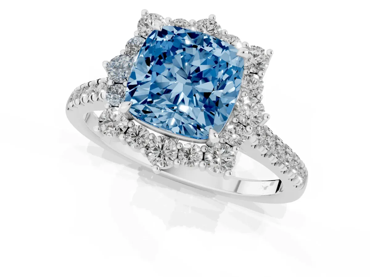 Fancy Blue Cushion Cut Halo Diamond Ring with Pavé Band and Prong Setting White gold