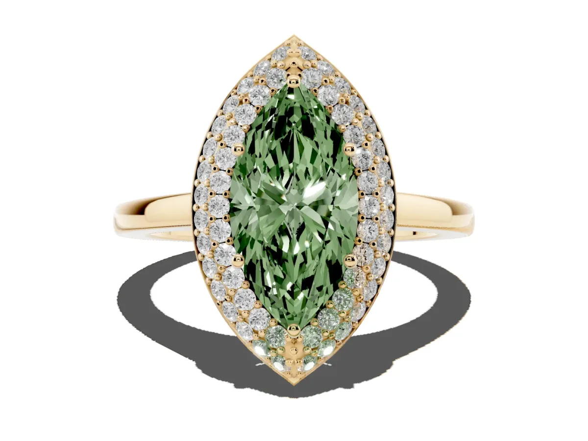 Fancy Green Marquise Cut Halo Diamond Engagement Ring with Solitaire Band and Four-Prong Setting Yellow gold