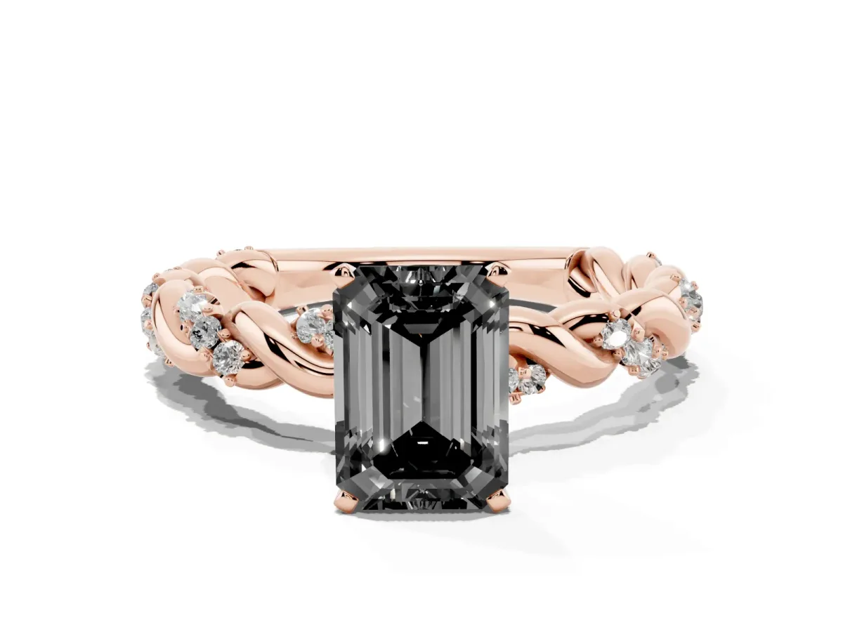 Fancy Black Emerald Cut Diamond Solitaire Ring with Twisted Band and Pavé Accents Rose gold