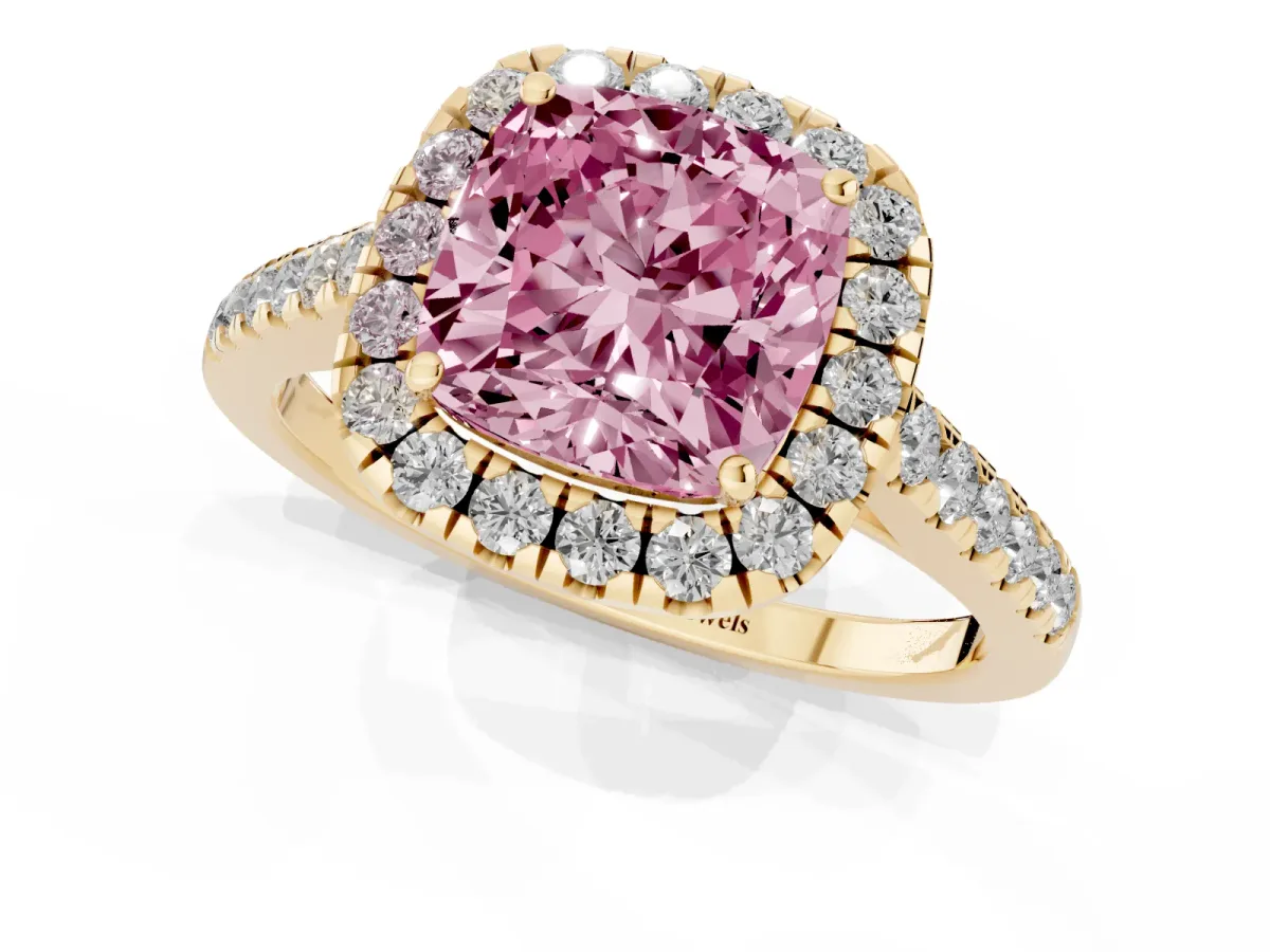 Fancy Pink Cushion Cut Halo Pave Diamond Engagement Ring with Four-Prong Setting Yellow gold
