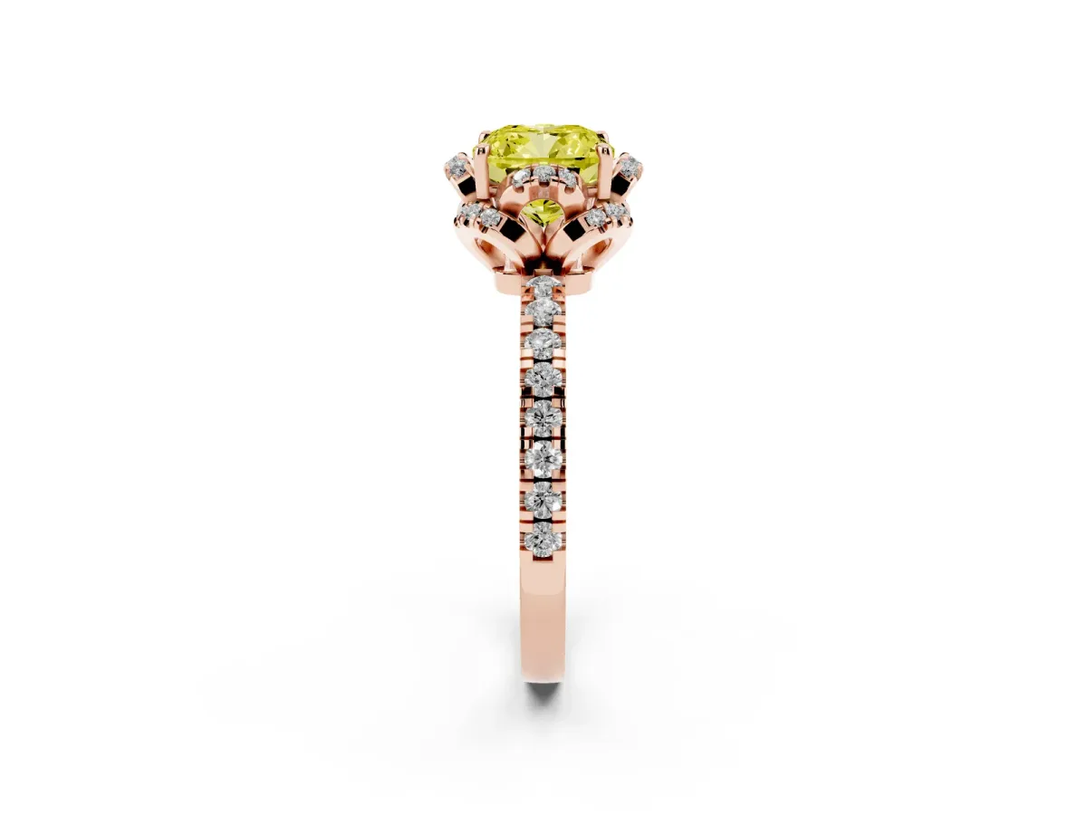 Fancy Yellow Cushion Cut Diamond Halo Pave Band with Four-Prong Setting Rose gold