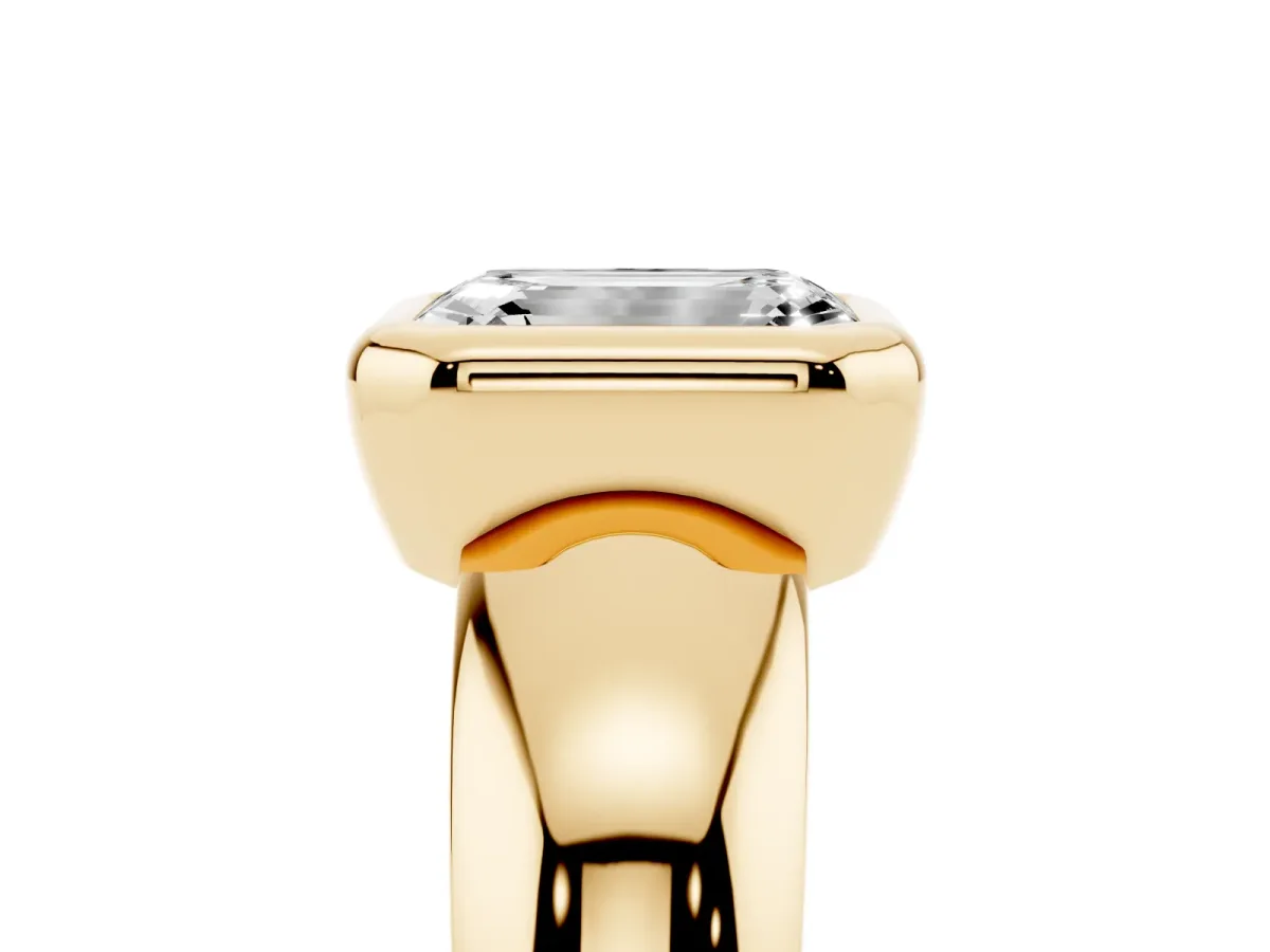 Bezel Set Emerald Cut Solitaire Ring with Wide Band Yellow gold