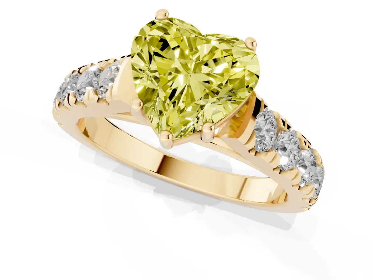 Fancy Yellow Heart Cut Cut Diamond Solitaire Ring with Micro Pave Band and Prong Setting Yellow gold