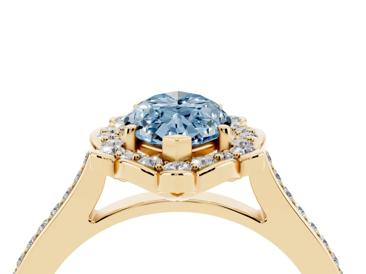 Fancy Blue Marquise Cut Halo Round Diamond Pave Band with Four-Prong Setting Yellow gold