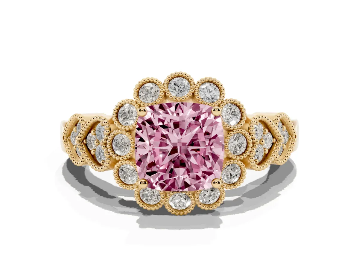 Fancy Pink Cushion Cut Brilliant Milgrain Pave Heart Band Solitaire Ring Yellow gold