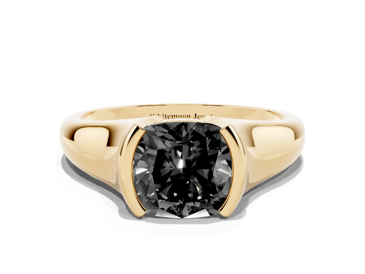 Fancy Black Cushion Cut Solitaire Tension Set Diamond Ring with Split Shank Band Yellow gold