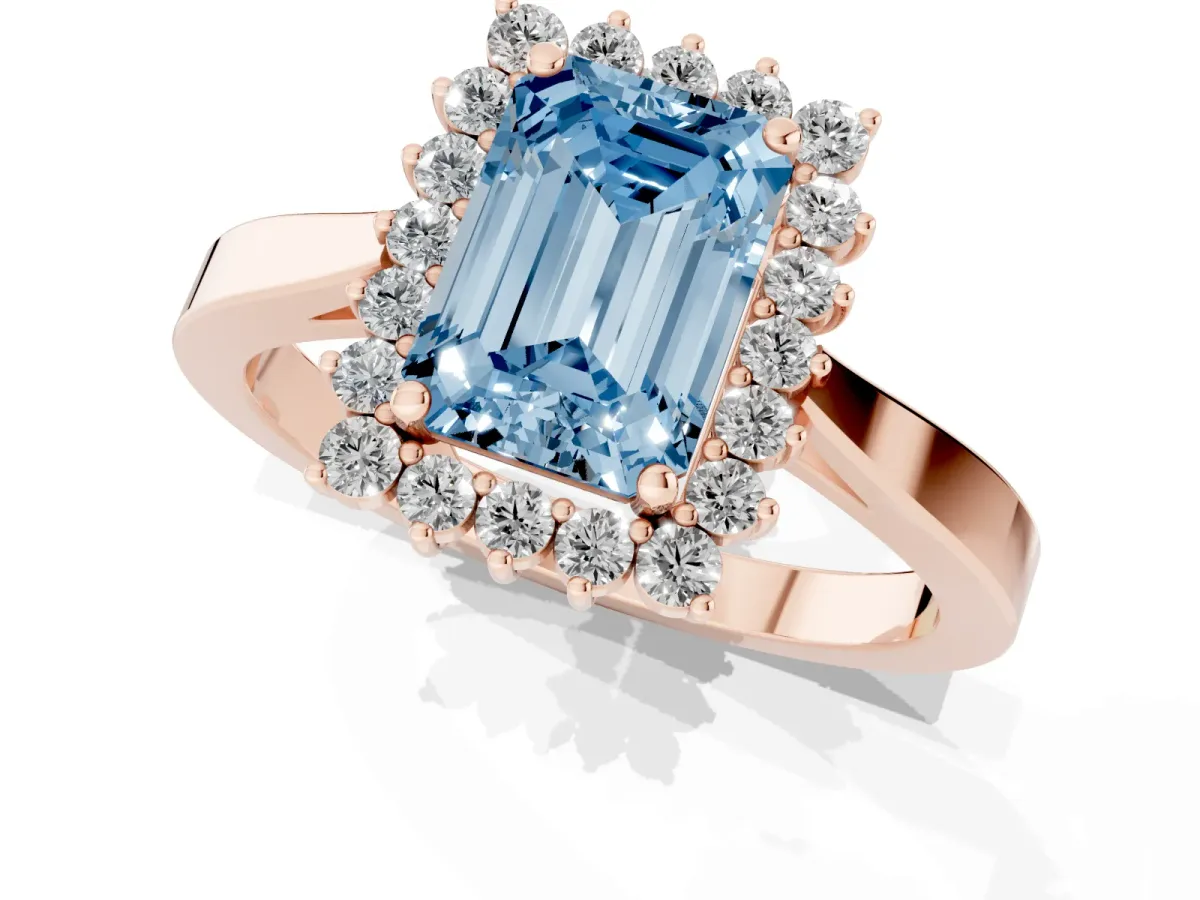 Fancy Blue Emerald Cut Cut Diamond Halo Ring with Round Brilliant Halo and Solitaire Band Rose gold