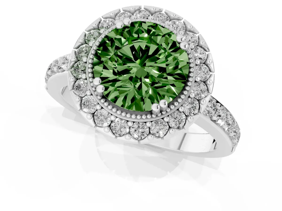 Fancy Green Round Cut Diamond Halo Ring with Pavé Band and Prong Setting Platinum