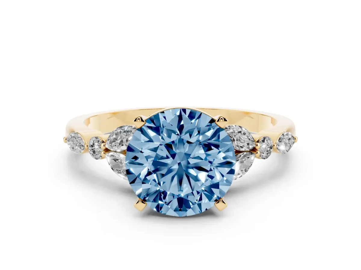 Fancy Blue Round Cut Diamond Solitaire Ring with Side Stones and Four-Prong Setting Yellow gold