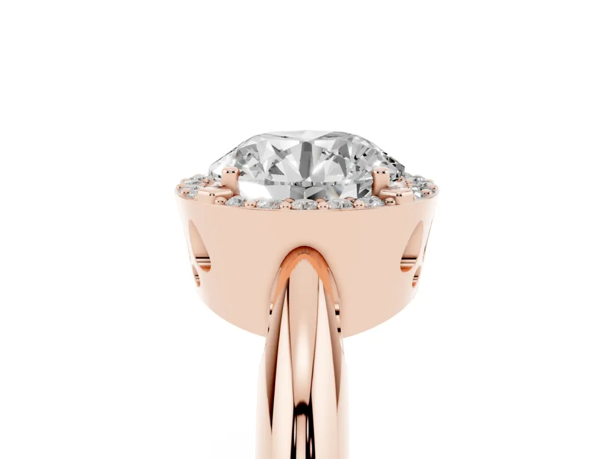 Round Cut Cut Diamond Halo Engagement Ring with Split Shank and Four-Prong Setting Rose gold
