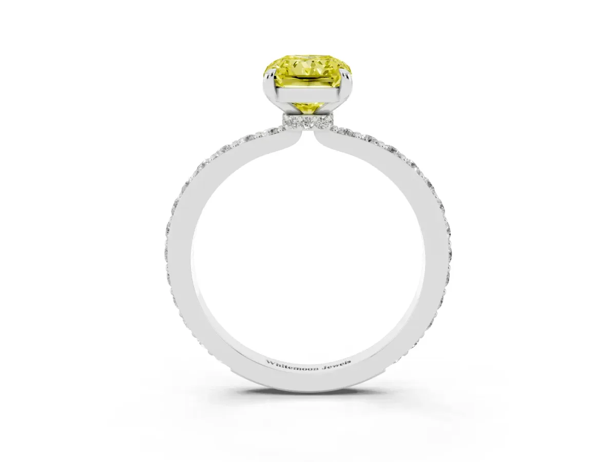 Fancy Yellow Radiant Cut Diamond Pavé Engagement Ring with Round Accents and Prong Setting White gold