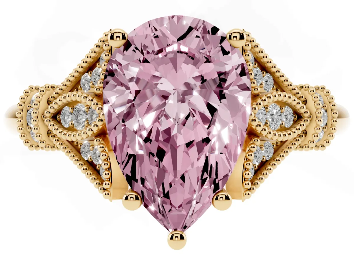 Fancy Pink Pear Cut Diamond Solitaire Ring with Floral Filigree and Pave Accents Yellow gold