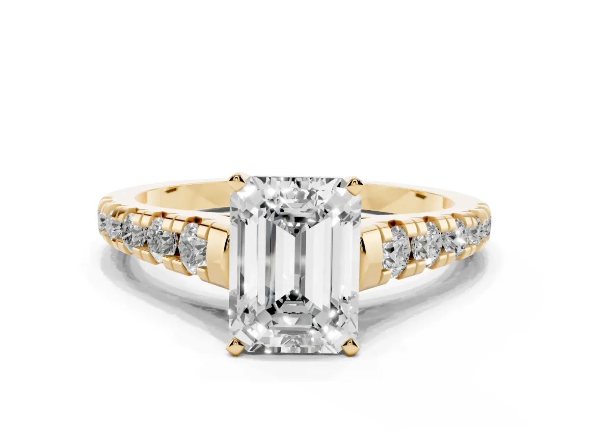 Emerald Cut Diamond Cathedral Solitaire Ring with Round Pavé Band Yellow gold