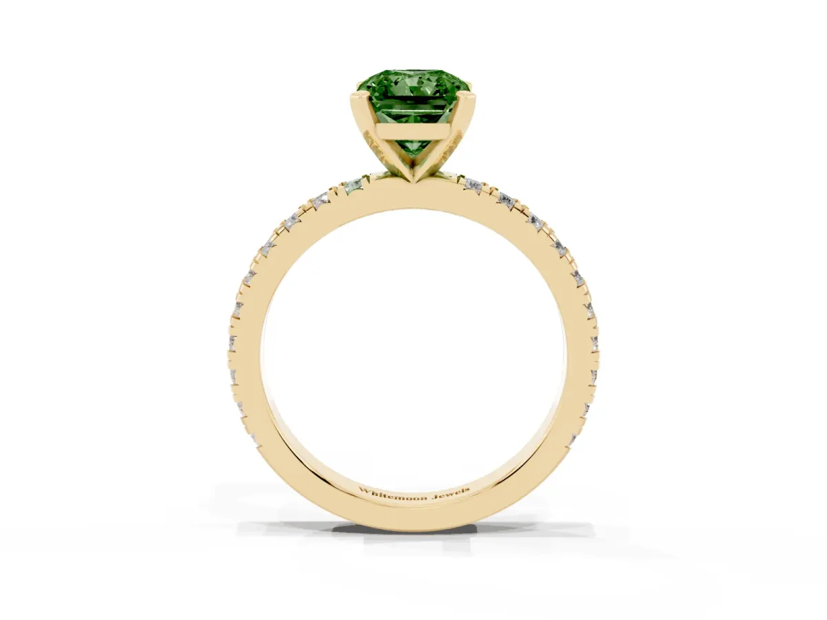 Fancy Green Radiant Cut Diamond Pavé Band Solitaire with Four-Prong Setting Yellow gold