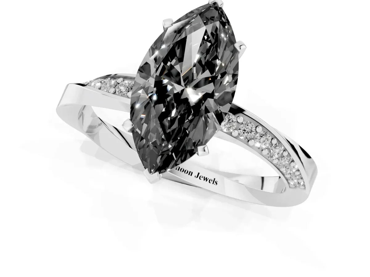 Fancy Black Marquise Cut Diamond Engagement Ring with Side Stone Accents and Four-Prong Setting Platinum