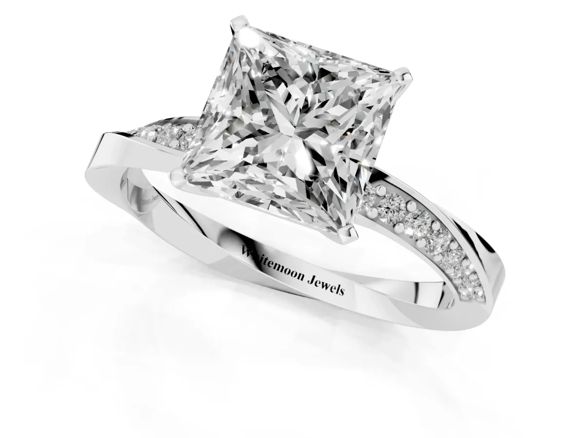 Princess Cut Diamond Engagement Ring with Side Stone Accents and Four-Prong Setting Platinum
