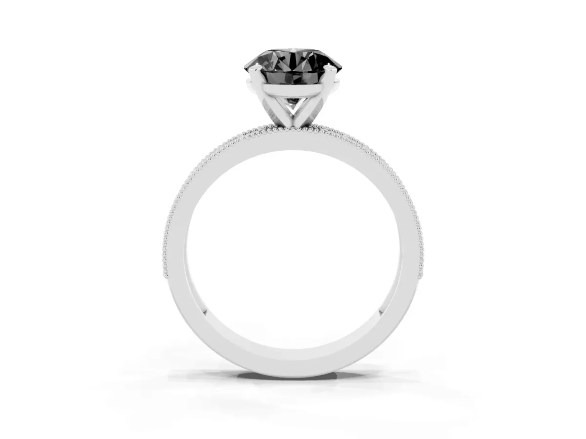 Fancy Black Round Cut Diamond Milgrain Pavé Engagement Ring with Four-Prong Setting Platinum