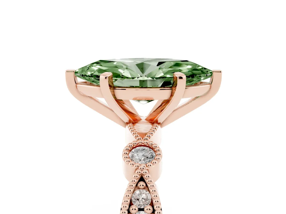 Fancy Green Marquise Cut Milgrain Bezel Diamond Engagement Ring with Solitaire Prong Setting Rose gold
