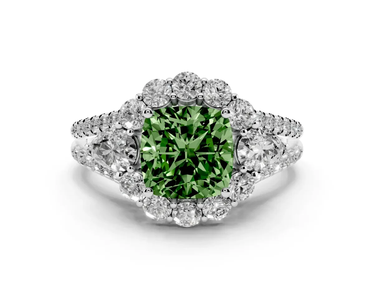 Fancy Green Cushion Cut Halo Split Shank Diamond Engagement Ring with Prong Setting Silver