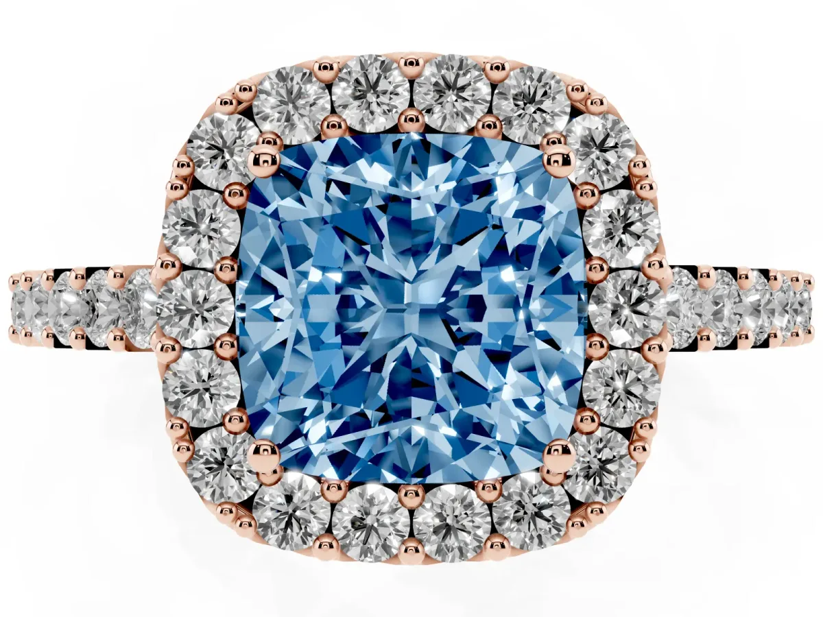 Fancy Blue Cushion Cut Halo Diamond Pavé Solitaire Ring Rose gold