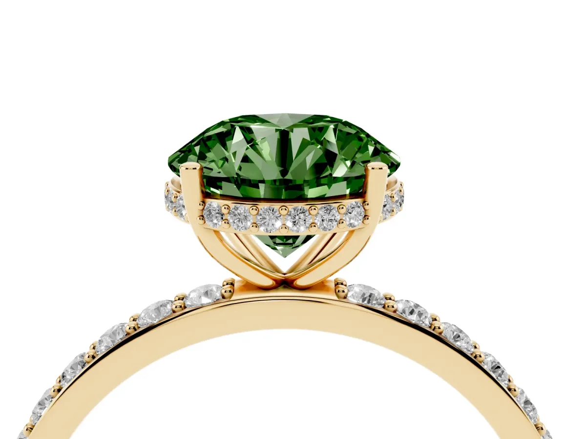 Fancy Green Round Cut Diamond Solitaire Ring with Pavé Band and Hidden Halo Yellow gold