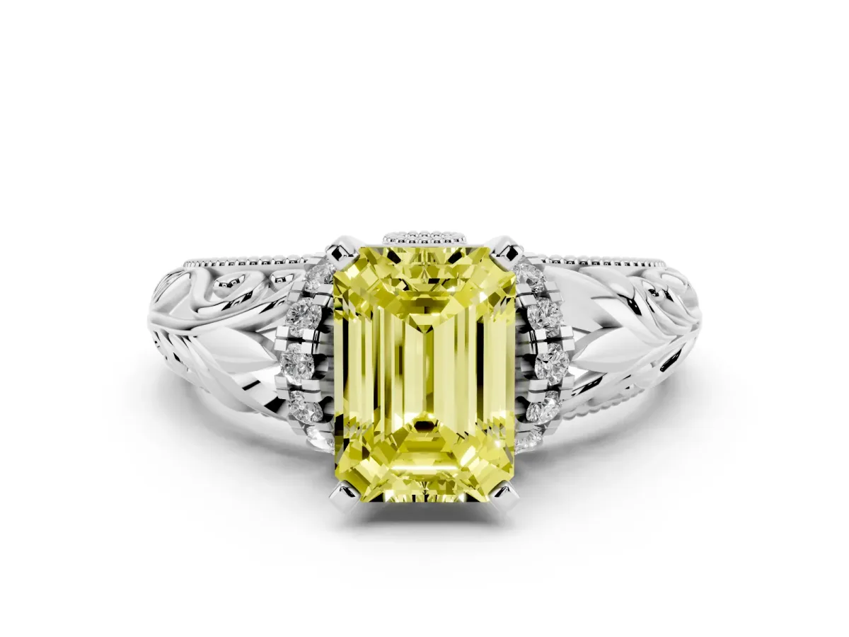 Fancy Yellow Emerald Cut Solitaire Filigree Engagement Ring with Halo and Prong Setting Silver