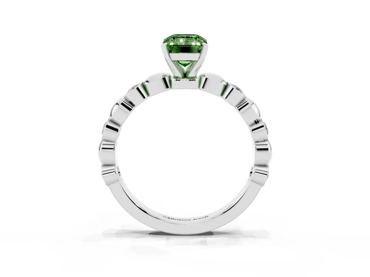 Fancy Green Emerald Cut Solitaire Bezel-Set Diamond Ring with Beaded Band and Four-Prong Setting Silver