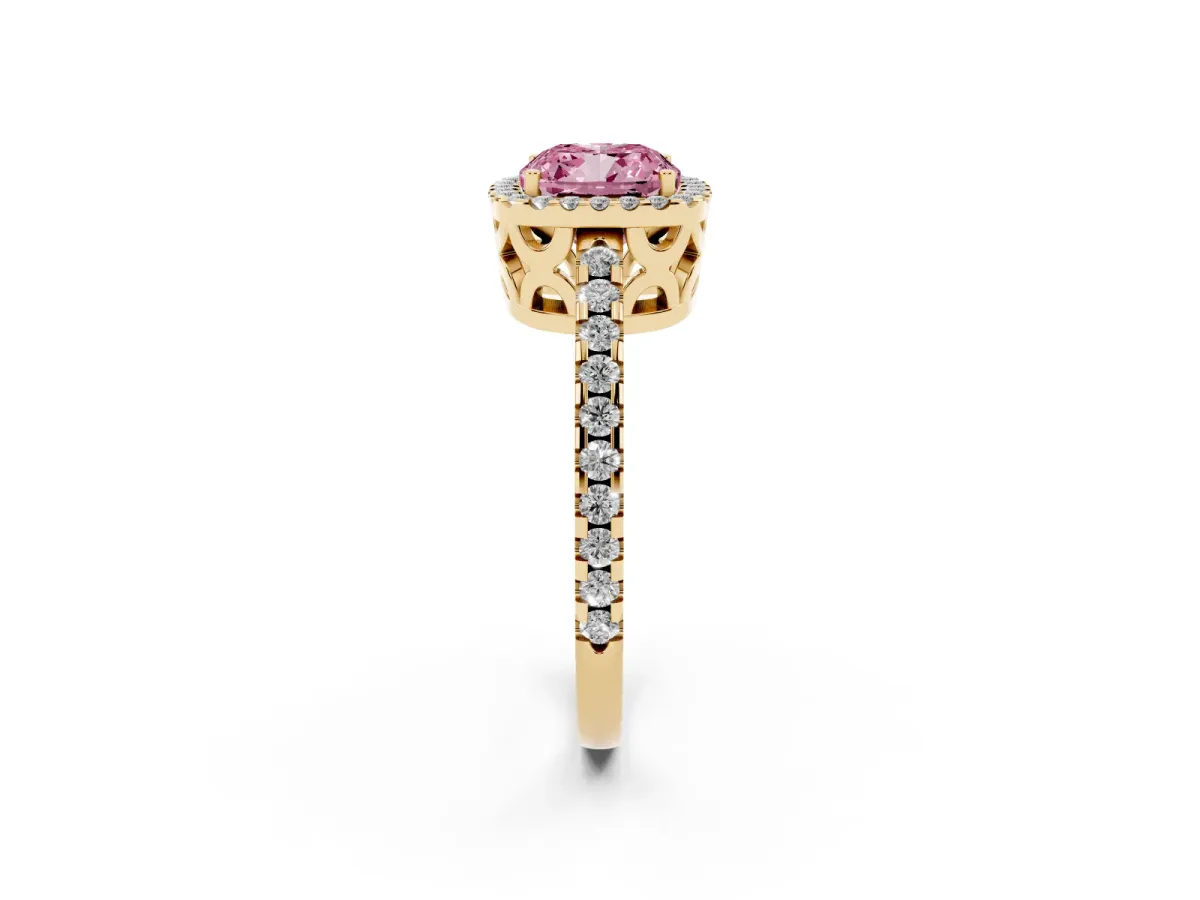Fancy Pink Cushion Cut Diamond Halo Engagement Ring with Pavé Band and Prong Setting Yellow gold
