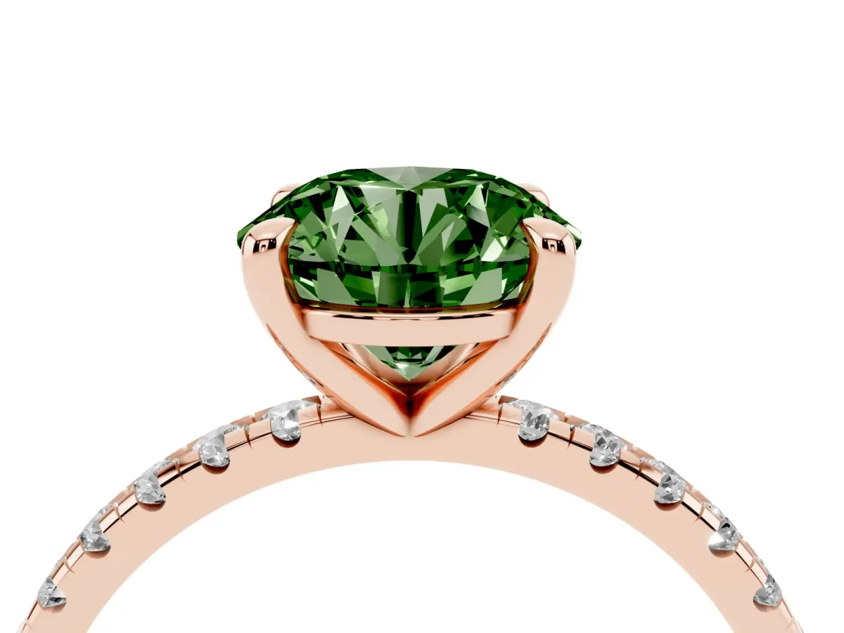 Fancy Green Round Cut Diamond Brilliant Solitaire Ring with Pavé Band and Four-Prong Setting Rose gold