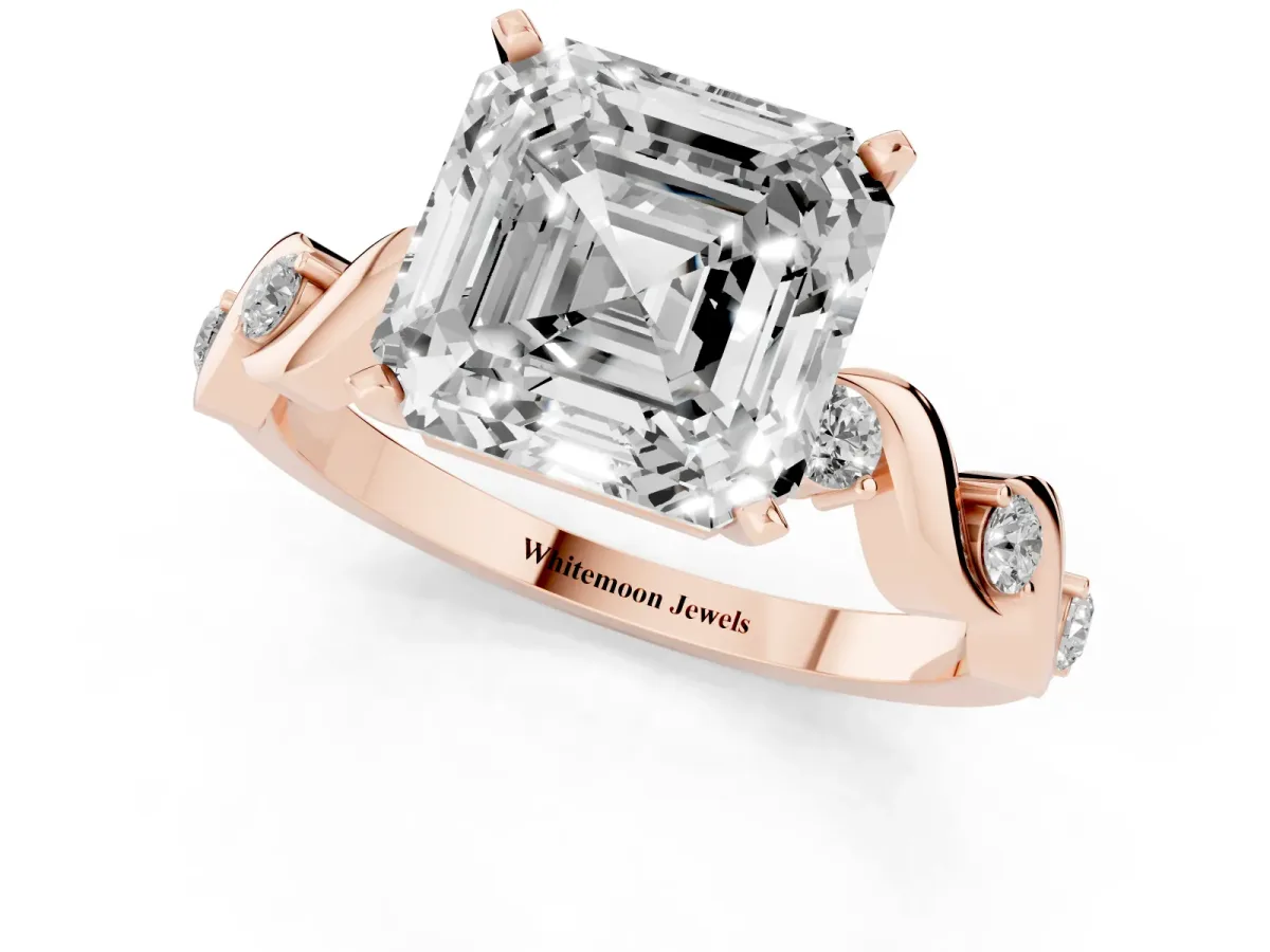 Asscher Cut Diamond Solitaire Twisted Band with Round Accents and Prong Setting Rose gold