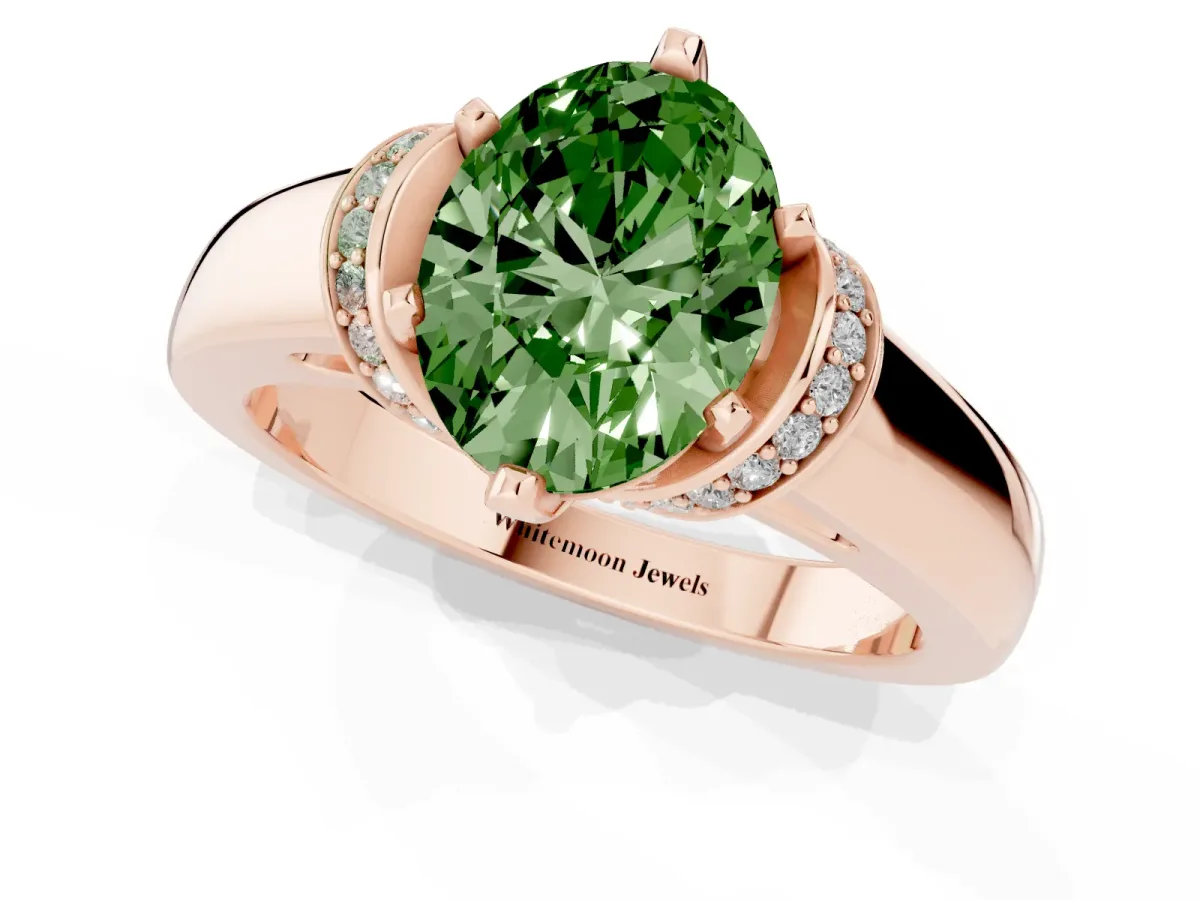 Fancy Green Oval Cut Solitaire Diamond Ring with Pave Band and Six-Prong Setting Rose gold