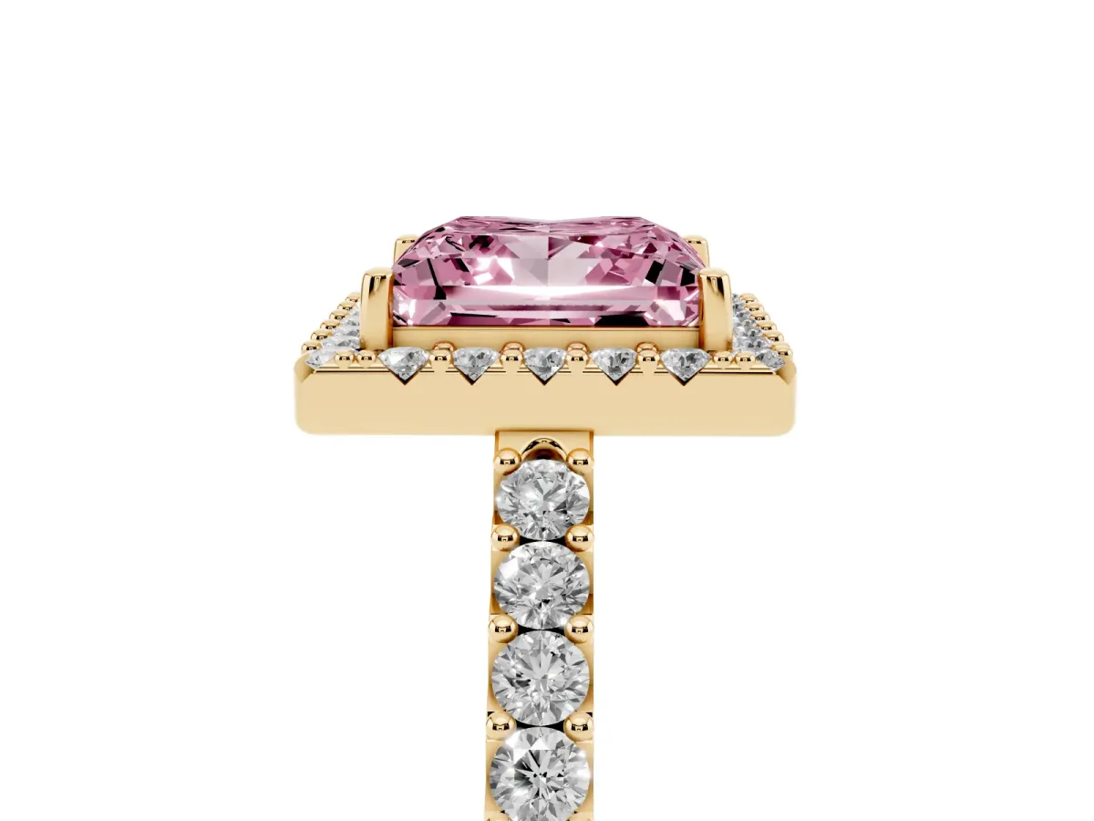 Fancy Pink Princess Cut Halo Diamond Pavé Solitaire Ring Yellow gold
