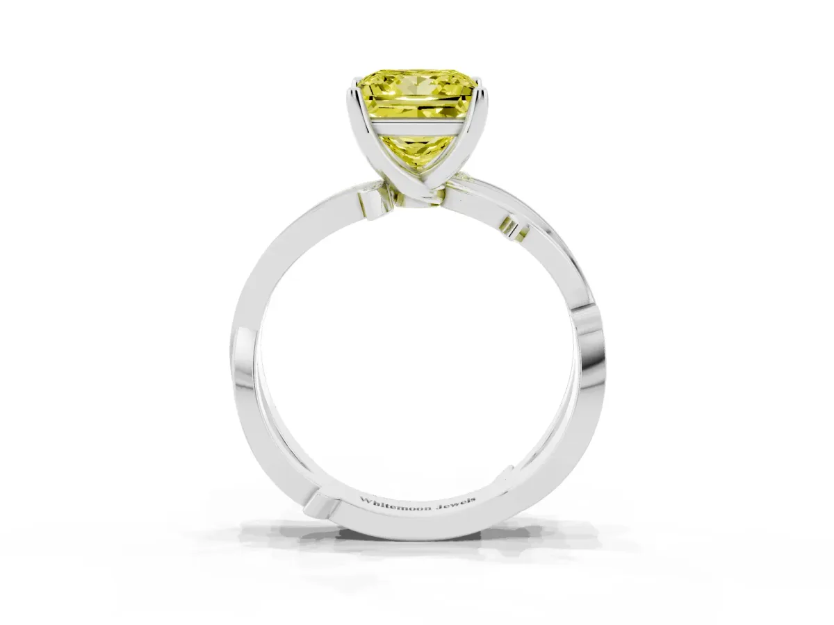 Fancy Yellow Princess Cut Solitaire Twist Band with Pavé Accents and Four-Prong Setting Platinum
