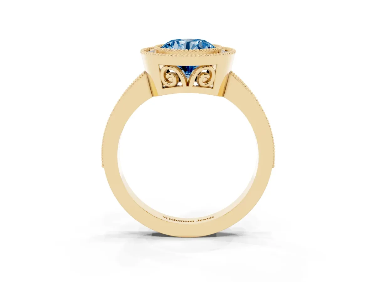 Fancy Blue Round Cut Cut Halo Diamond Ring with Pavé Band and Milgrain Prong Setting Yellow gold