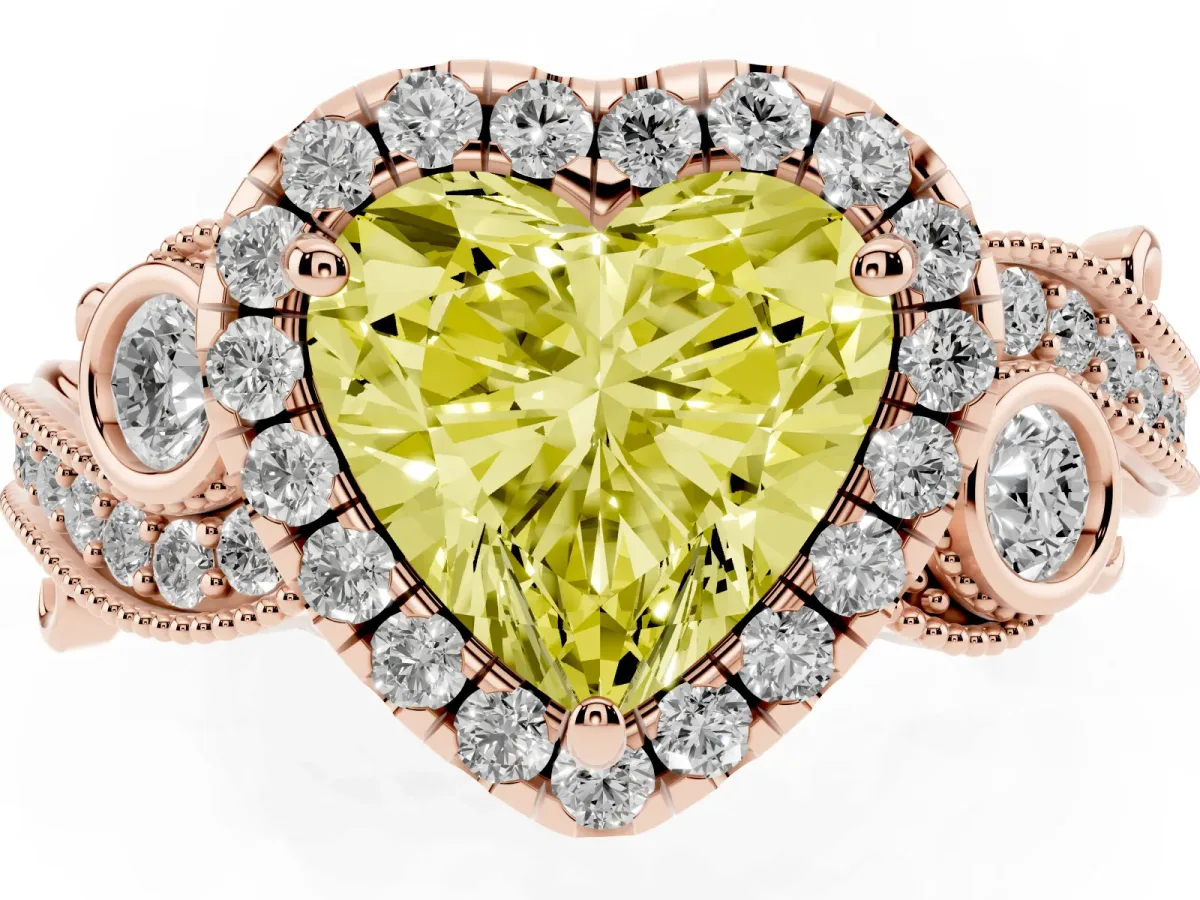 Fancy Yellow Heart Cut Diamond Halo Ring with Milgrain Pavé Band and Four-Prong Setting Rose gold