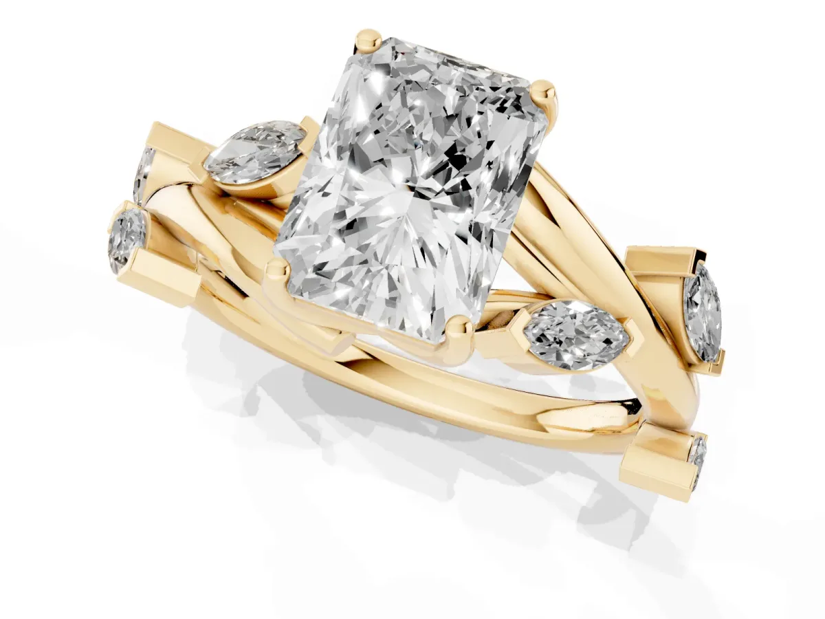 Radiant Cut Solitaire Twisted Band Marquise Accent Prong Setting Ring Yellow gold