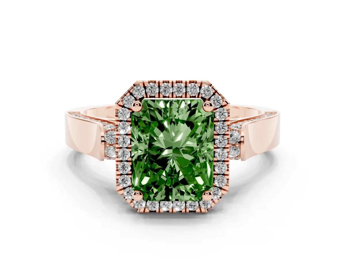 Fancy Green Radiant Cut Halo Round Diamond Twist Band with Four-Prong Setting Rose gold