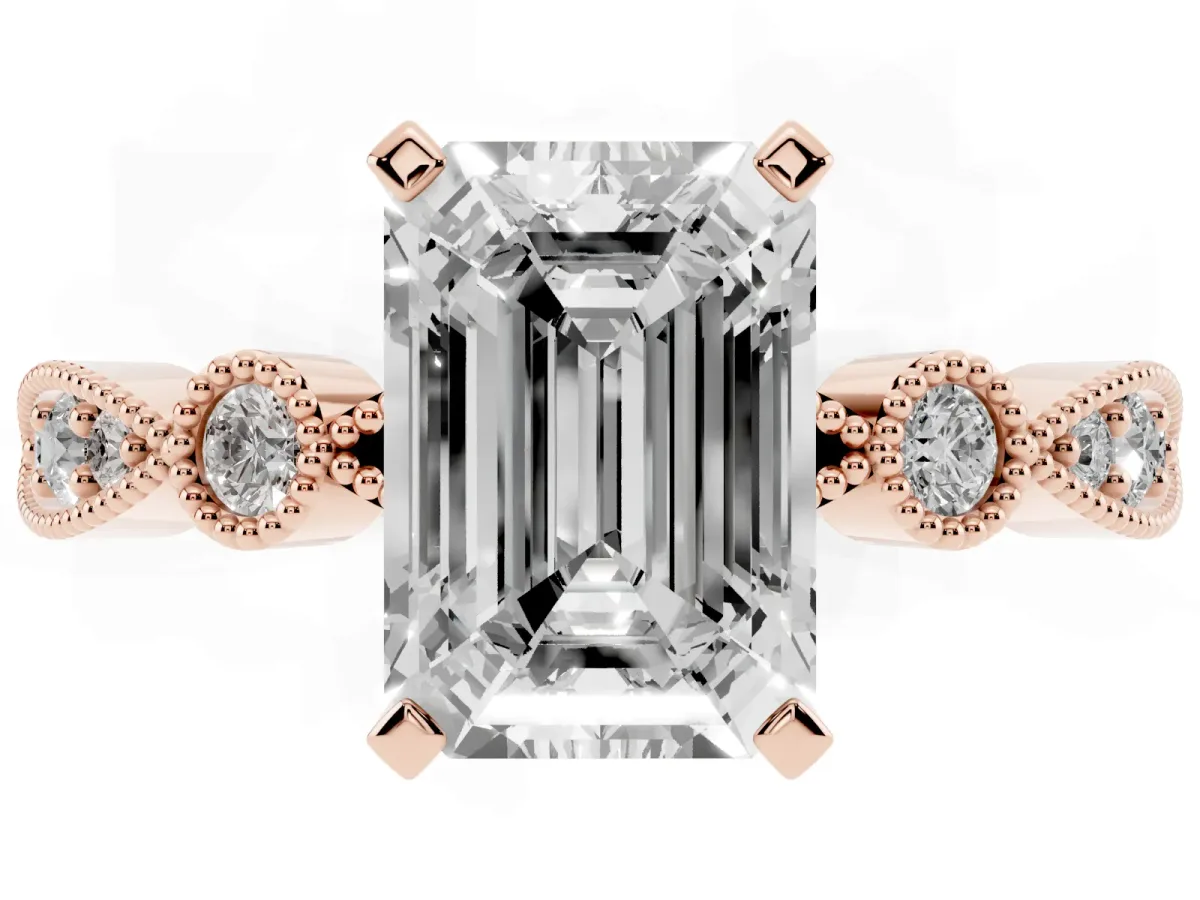 Emerald Cut Milgrain Bezel Diamond Engagement Ring with Solitaire Prong Setting Rose gold