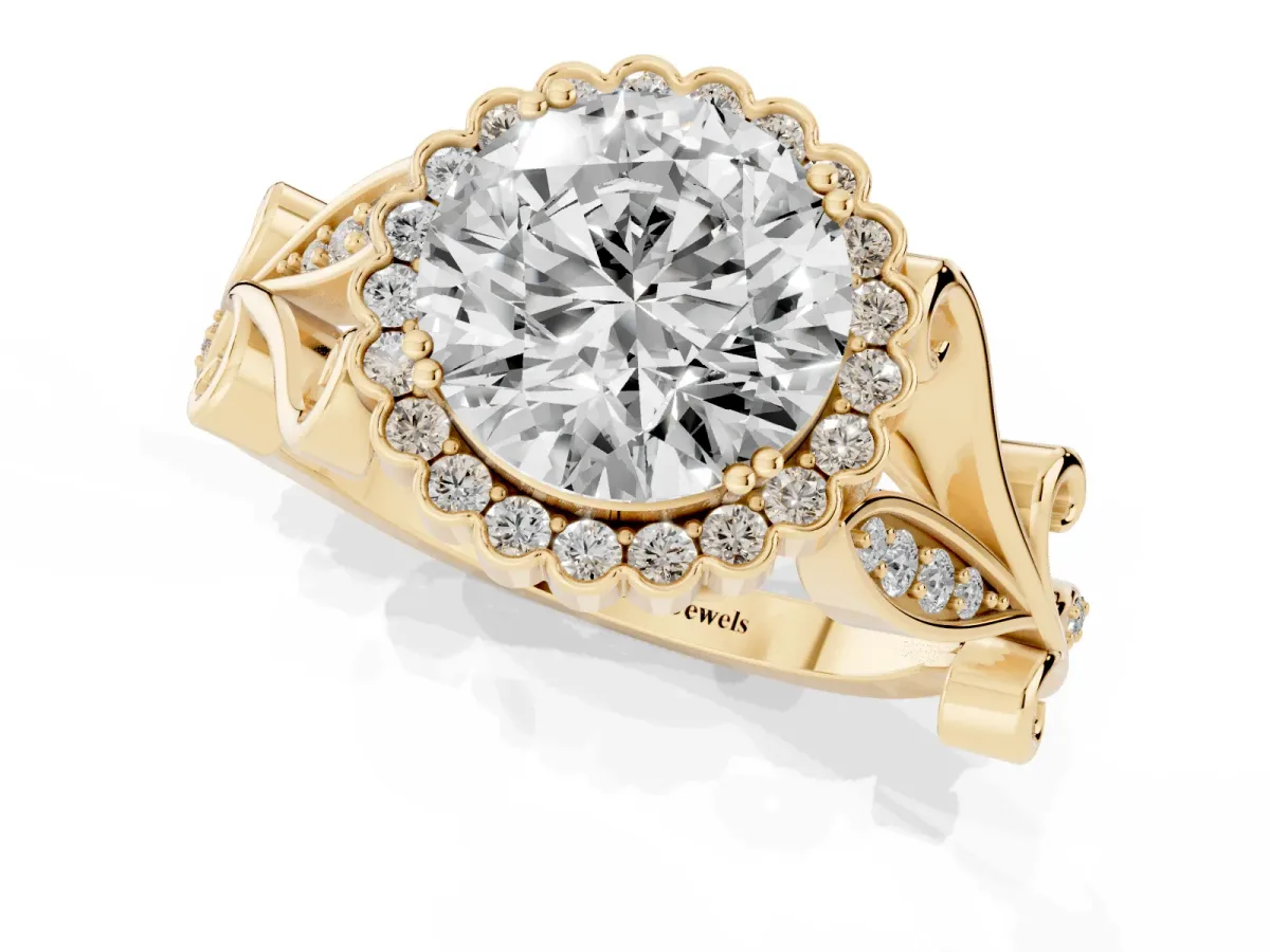 Round Cut Diamond Halo Ring with Vintage Split Shank and Four-Prong Setting Yellow gold