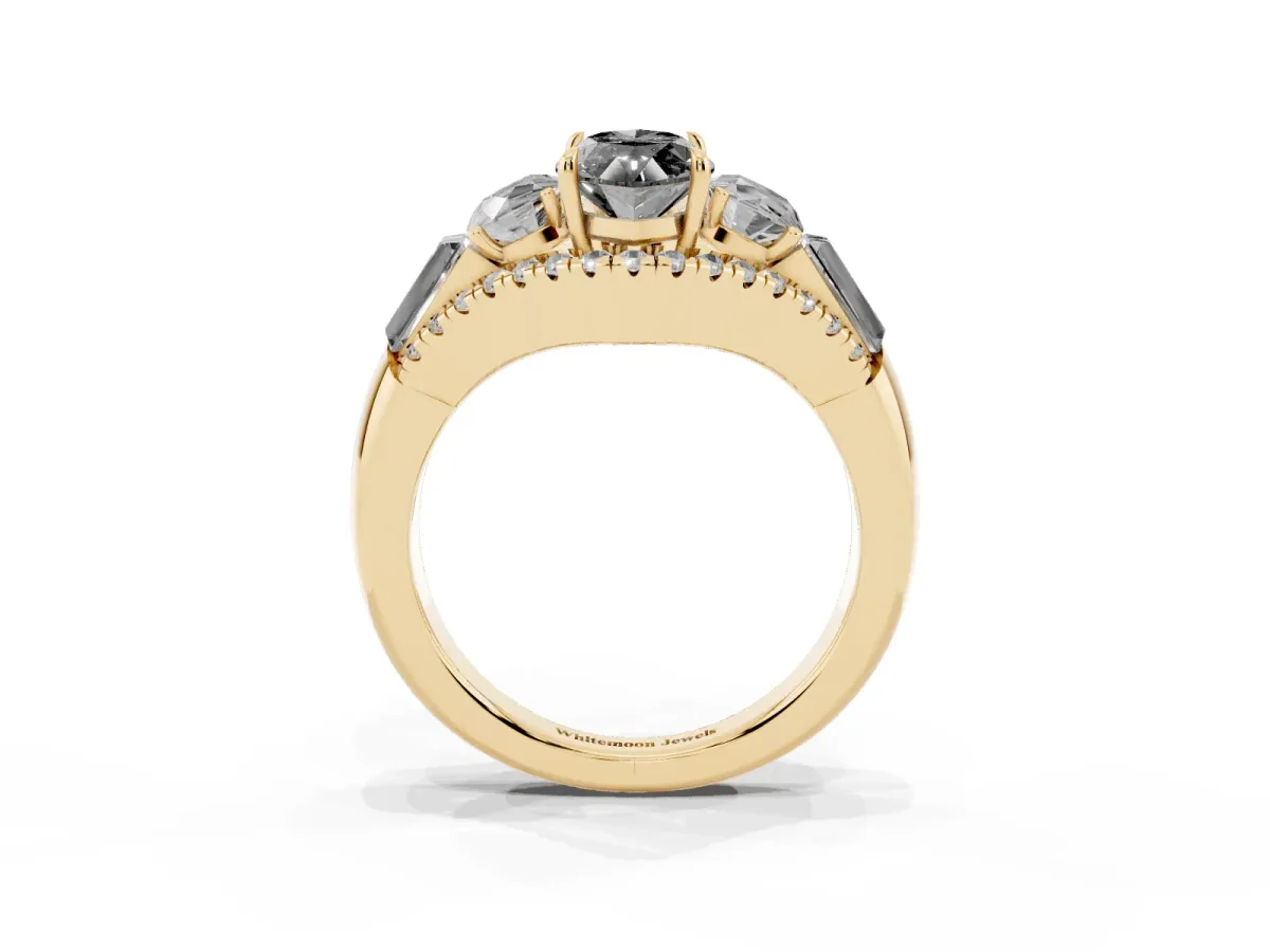 Fancy Black Three-Stone Marquise Cut Diamond Engagement Ring with Pave Band and Prong Setting Yellow gold