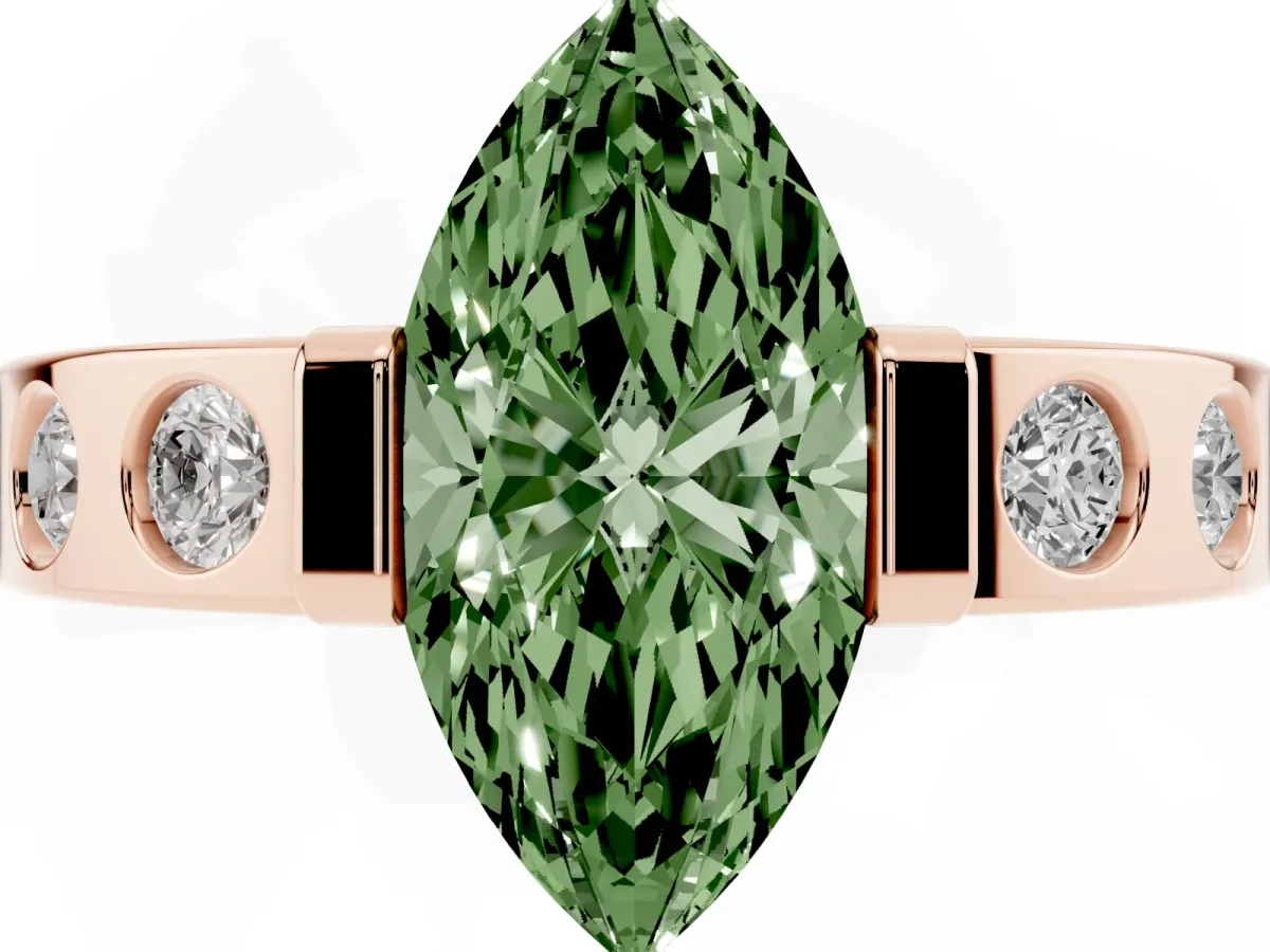 Fancy Green Marquise Cut Brilliant Channel-Set Diamond Ring with Bezel Prong Setting Rose gold