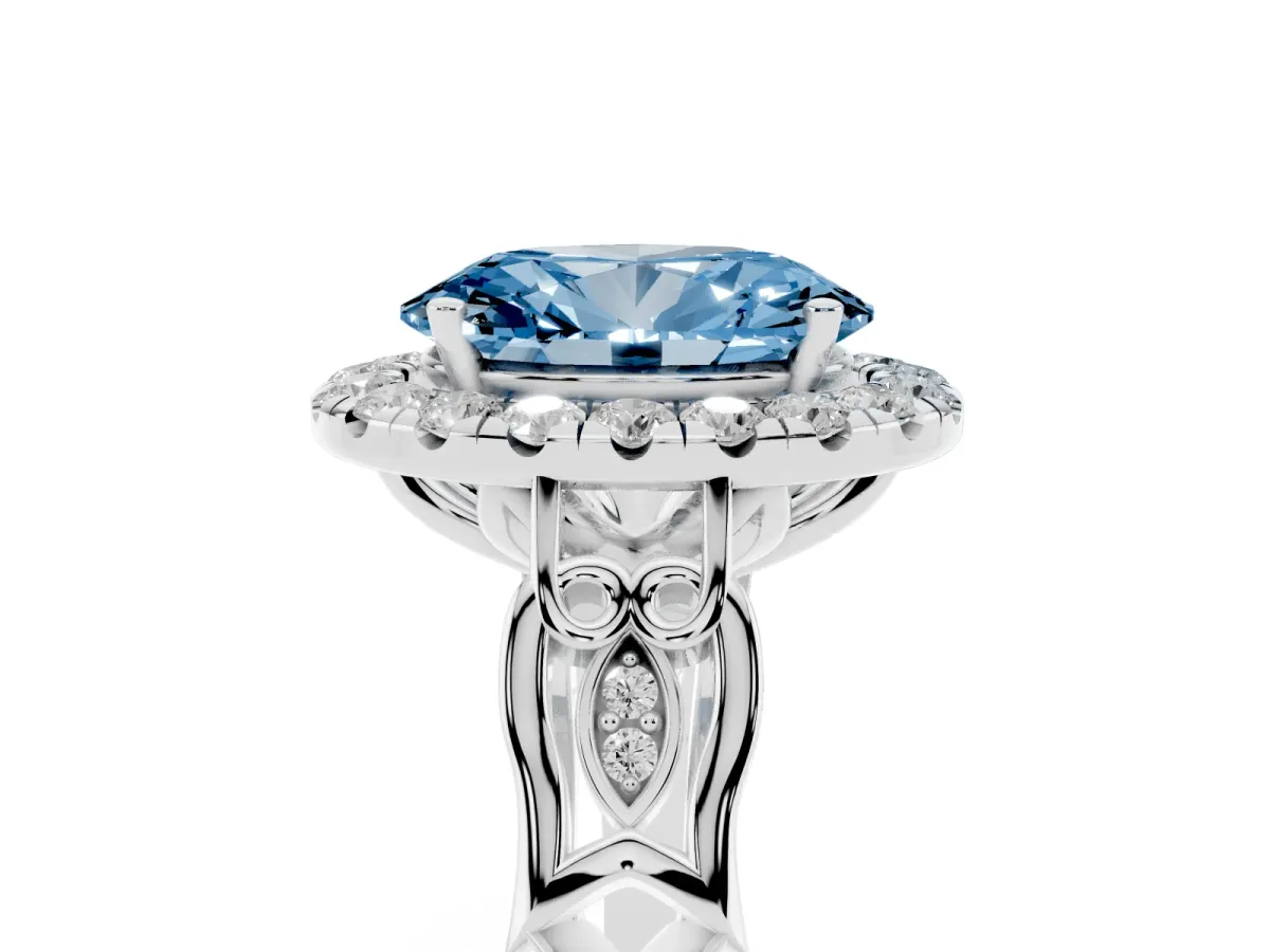 Fancy Blue Oval Cut Halo Diamond Engagement Ring with Filigree Band and Four-Prong Setting White gold