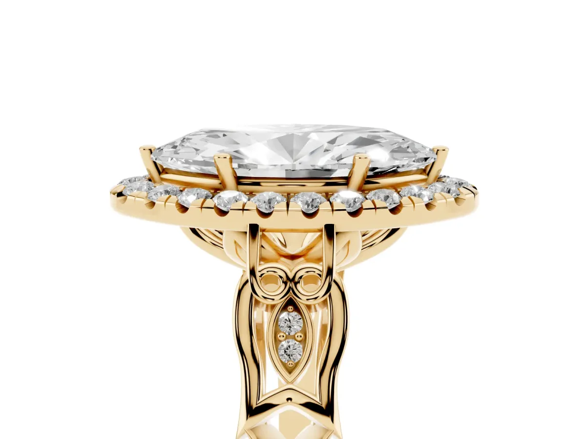 Marquise Cut Halo Diamond Engagement Ring with Filigree Band and Four-Prong Setting Yellow gold