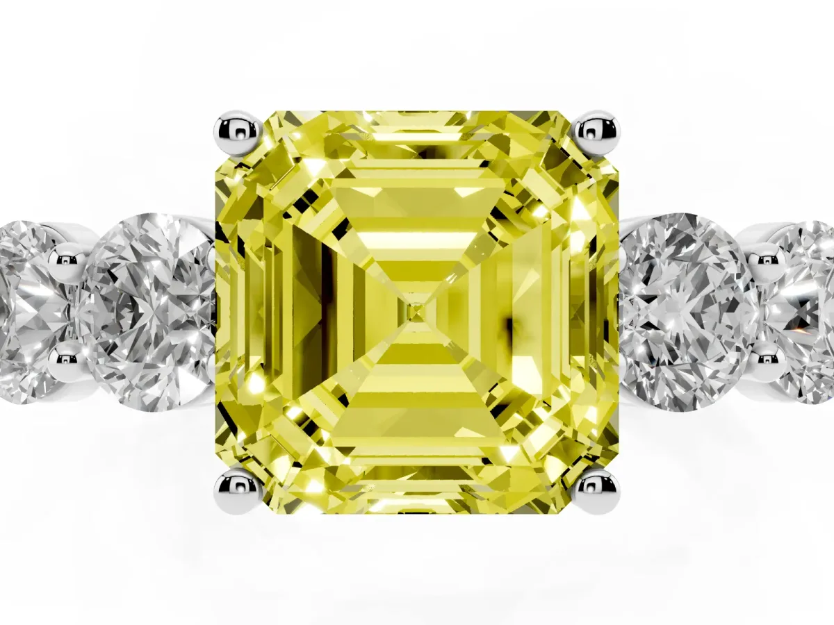 Fancy Yellow Asscher Cut Cut Five-Stone Prong Set Diamond Ring with Classic Band White gold