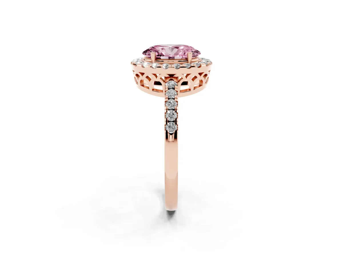 Fancy Pink Oval Cut Halo Diamond Engagement Ring with Pavé Band and Four-Prong Setting Rose gold