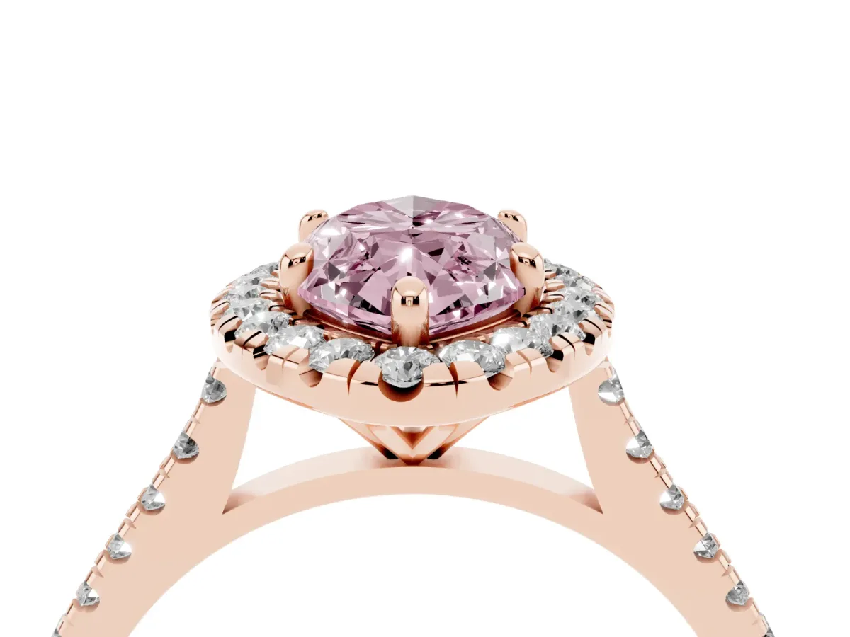Fancy Pink Marquise Cut Diamond Cushion Halo Ring with Pavé Band Rose gold