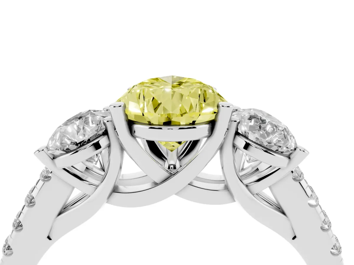 Fancy Yellow Three-Stone Pear Cut Diamond Ring with Round Pavé Band and Prong Setting Silver
