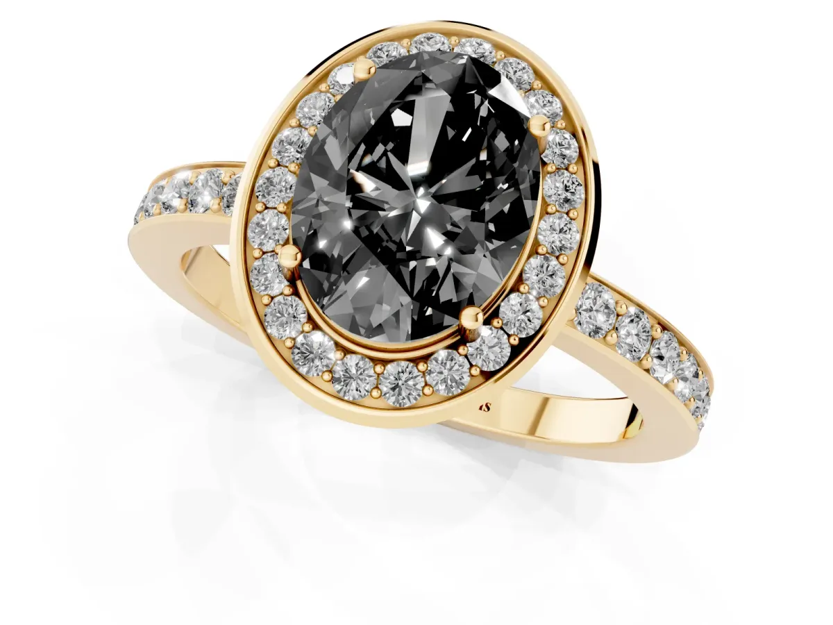 Fancy Black Oval Cut Diamond Halo Ring with Bezel Frame and Pavé Band Yellow gold